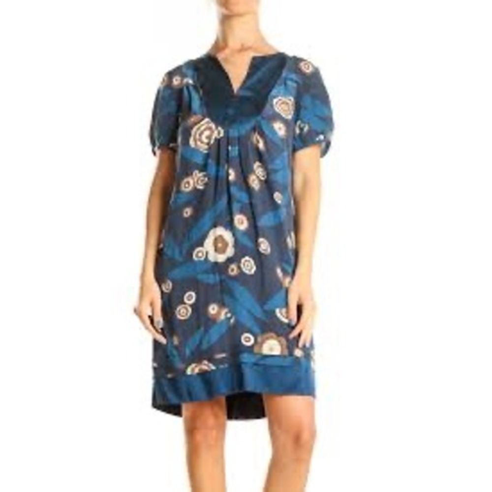 Banana Republic Blue Floral Silk Shift Dress Short Sleeve Split Neck 587792-01 S